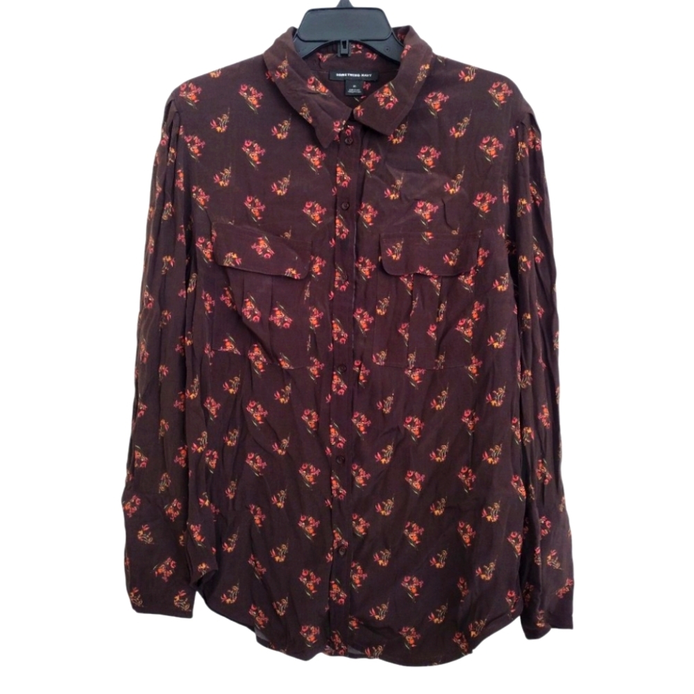Something Navy Floral Brown Ganache Bohemian Button-Up Shirt Size Medium
